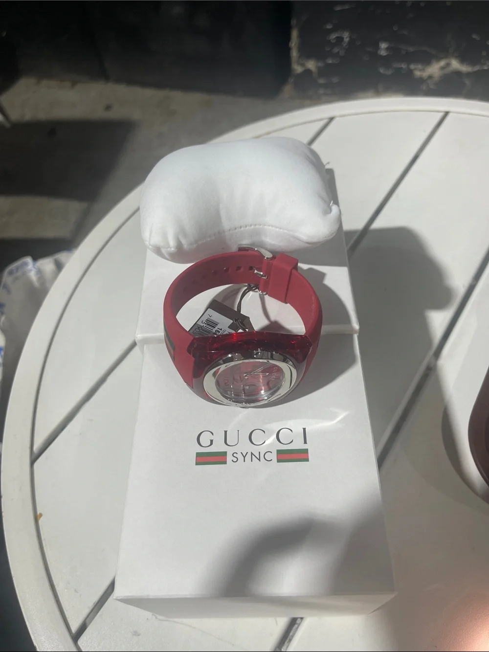 Gucci Red Transparent Silicone Logo Strap Watch with Green-Red Accent